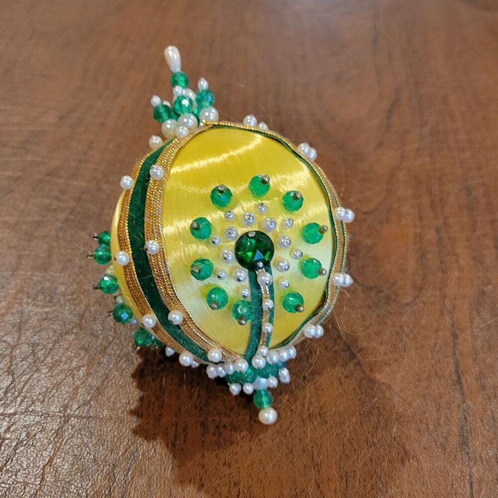Vintage artisan beaded sequin satin Christmas ornament shiny gold tone / green